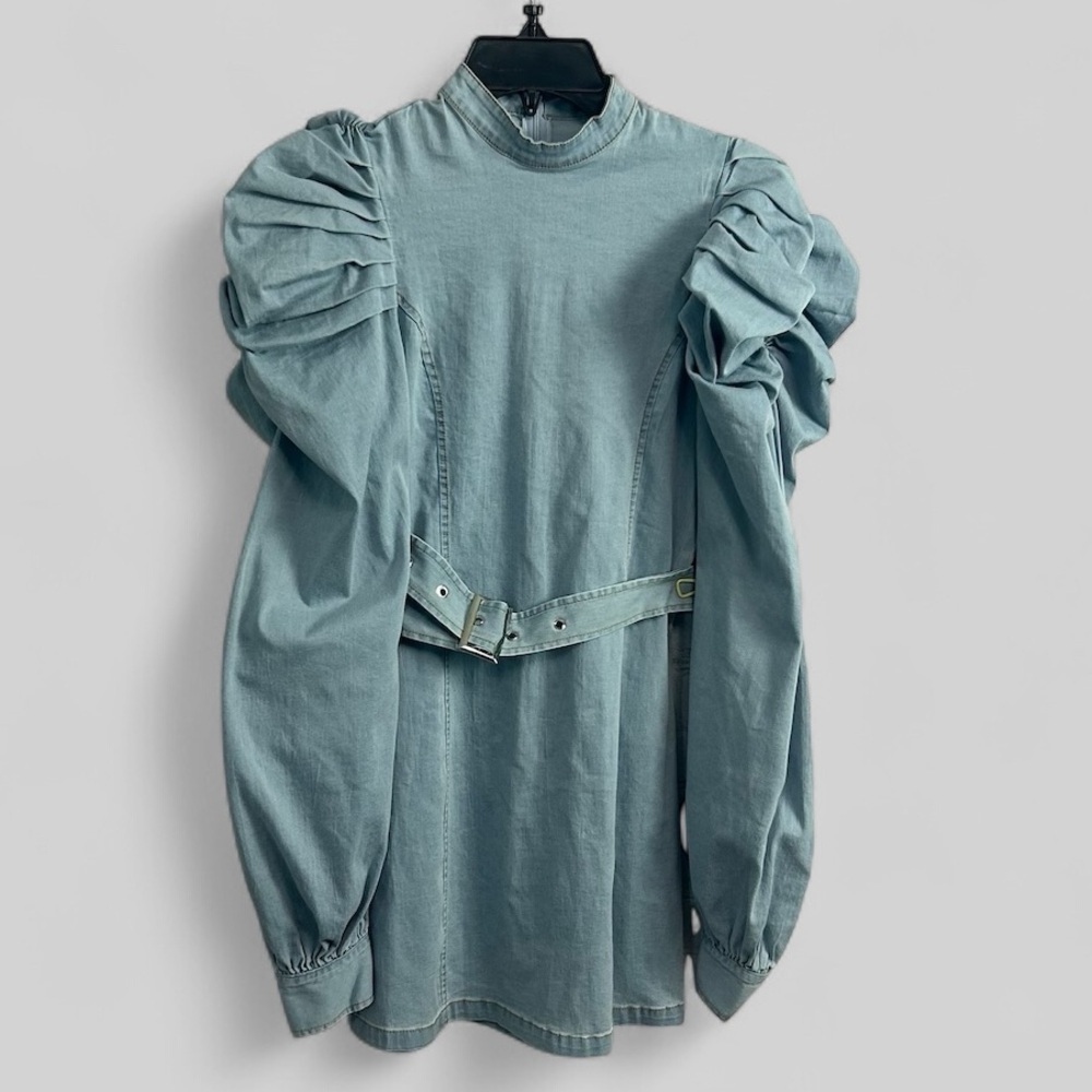 Boutique denim retro belted dress light wash puffy sleeve funky y2k vibes Small